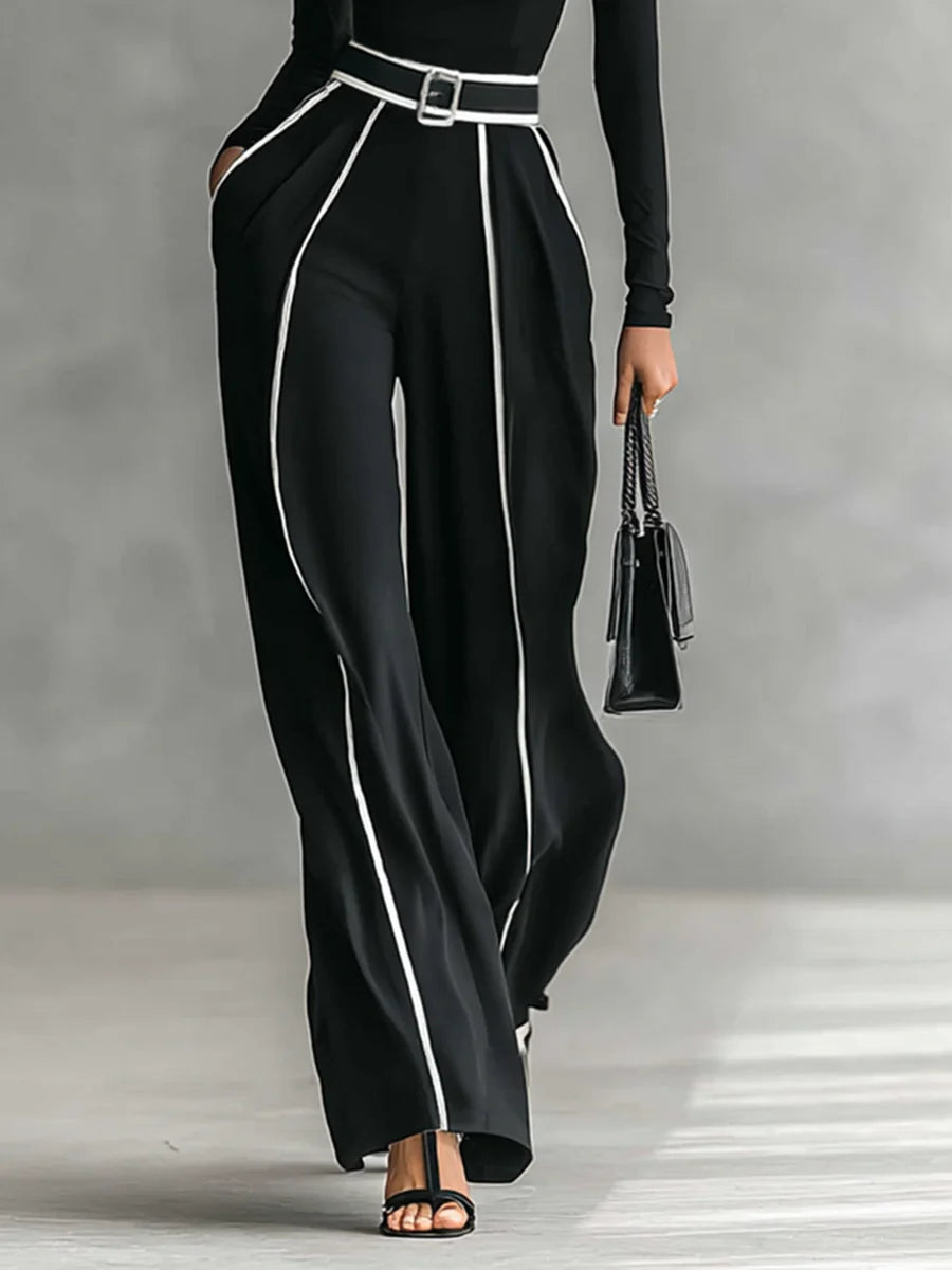 White Trimmed Turtleneck Long Sleeve Top & Wide Leg Pants Belt Two-Piece Set
