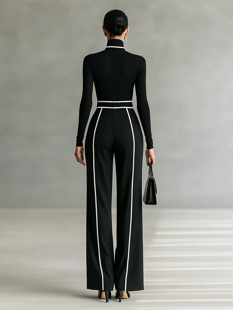 White Trimmed Turtleneck Long Sleeve Top & Wide Leg Pants Belt Two-Piece Set