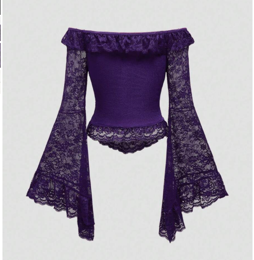 Off Shoulder Bell Flared Sleeve Lace Blouse