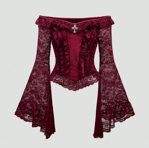 Off Shoulder Bell Flared Sleeve Lace Blouse
