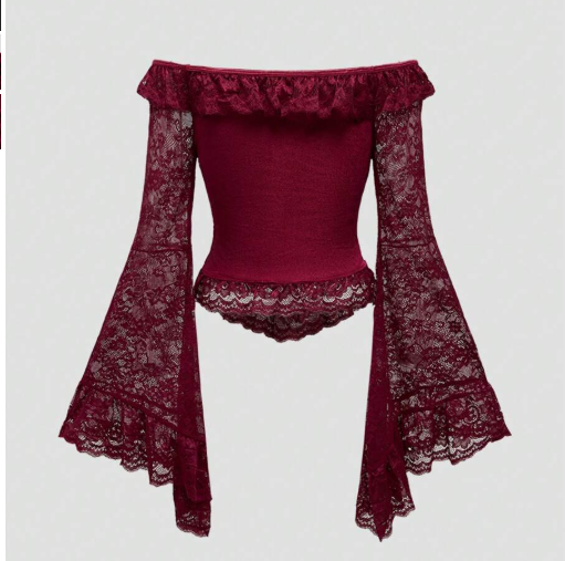 Off Shoulder Bell Flared Sleeve Lace Blouse