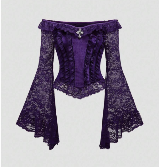 Off Shoulder Bell Flared Sleeve Lace Blouse