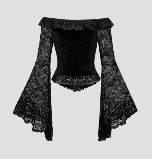 Off Shoulder Bell Flared Sleeve Lace Blouse