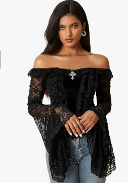 Off Shoulder Bell Flared Sleeve Lace Blouse