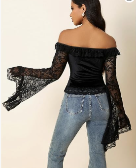 Off Shoulder Bell Flared Sleeve Lace Blouse