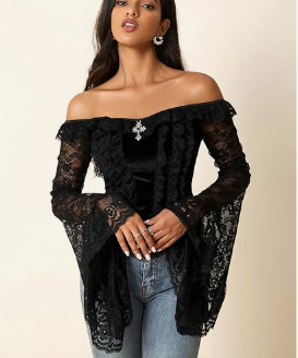 Off Shoulder Bell Flared Sleeve Lace Blouse