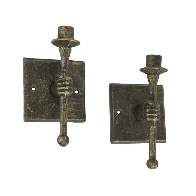 Set of 2 Cast Iron Antique Bronze Finish Torchbearer Wall Sconce