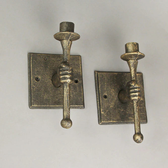 Set of 2 Cast Iron Antique Bronze Finish Torchbearer Wall Sconce