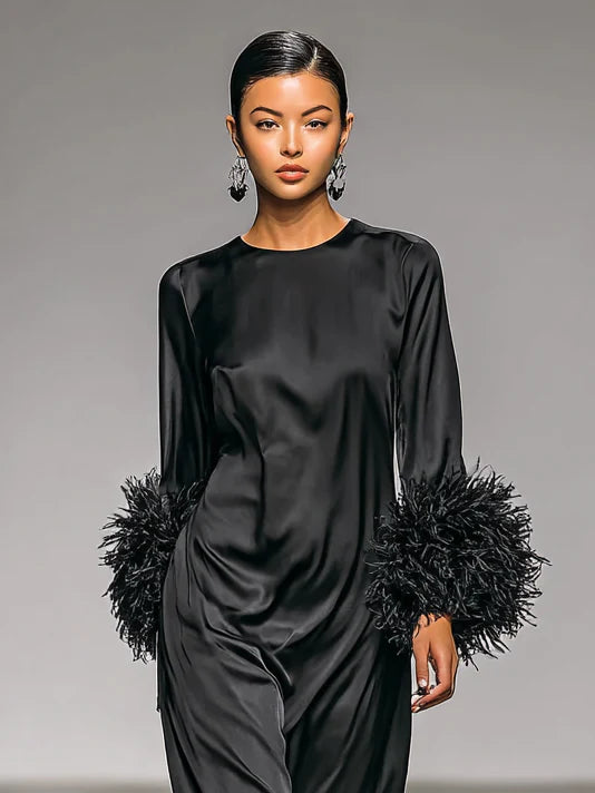 Satin Round Neck Spliced Cuffs Removable Fur Midi Dress