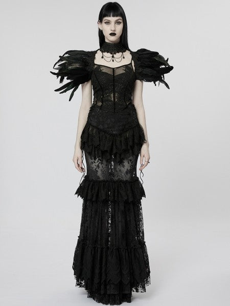 Punk Rave Black Gothic Perspective Gorgeous Lace Tiered Maxi Skirt