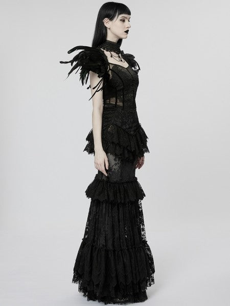 Punk Rave Black Gothic Perspective Gorgeous Lace Tiered Maxi Skirt