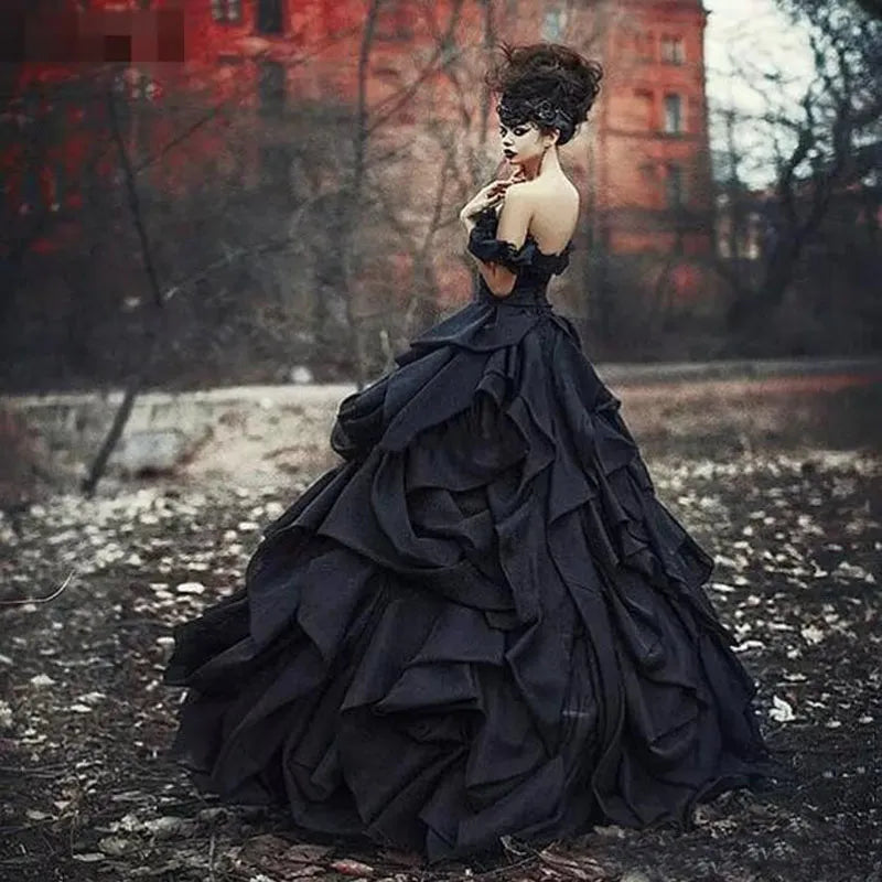 Lace Tiered Wedding Dress in Black Taffeta