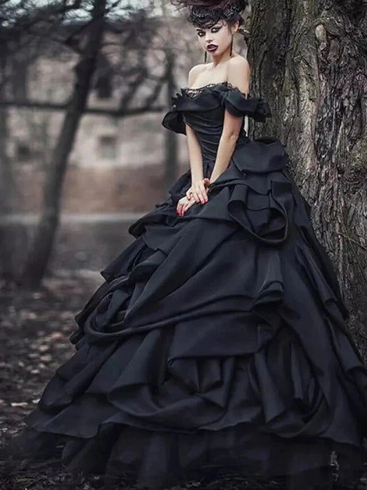 Lace Tiered Wedding Dress in Black Taffeta
