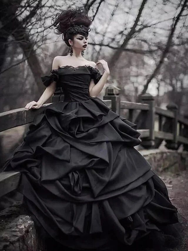 Lace Tiered Wedding Dress in Black Taffeta